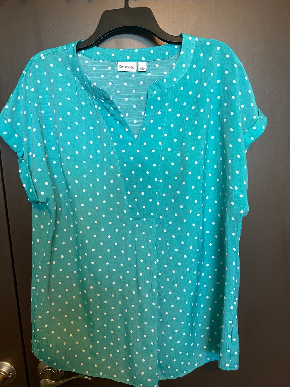 Kim Rogers Cap Sleeve Front Placket Teal & White Polka Dot Tunic Top Size Large